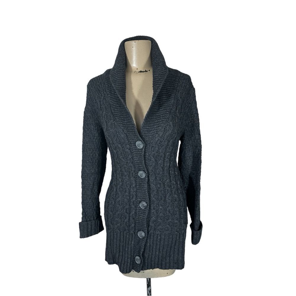 Eddie Bauer Lambswool Charcoal Gray Fisherman’s Cable Knit Cardigan Sweater Sz M